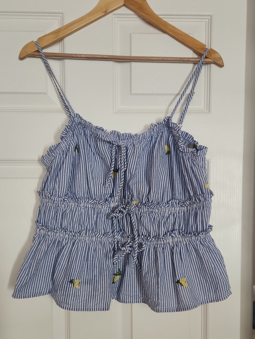 Free ASEEMBLY Blue Striped Lemon Embroidered Ruffle Cami Top